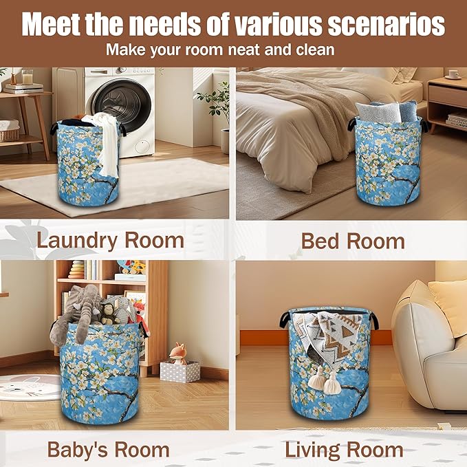 Laundry Hamper,Almond Blossom Collapsible Laundry Baskets Waterproof Oxford Cloth With Handles,Clothes Storage Bucket Toy Organizer For Bathroom/Nursery/Bedroom 16" x 20.8"