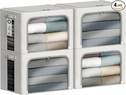 4 Pack Clothes Storage Bins with Metal Frame - 66L Stackable Storage Box with Lid，Foldable Storage Container Organizer for Clothes，Linen Fabric Storage Box with Clear Window＆Zippers＆Handles
