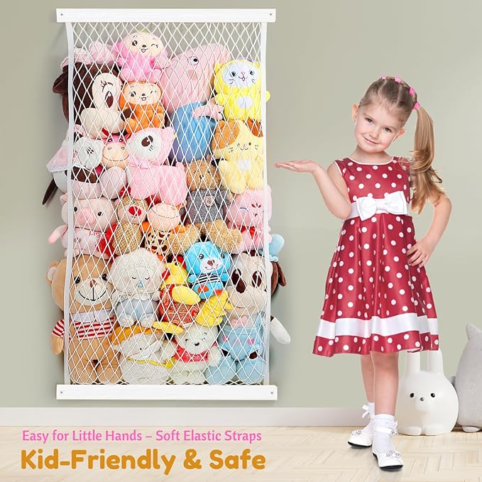 Stuffed Animal Storage Holder, Elastic Stuffed Animal Net,Door/ Wall Mount Length Adjustable Hanging Stuffed Animal Organizer, Plushie Net For Nursery Play Room-White Boards Patent