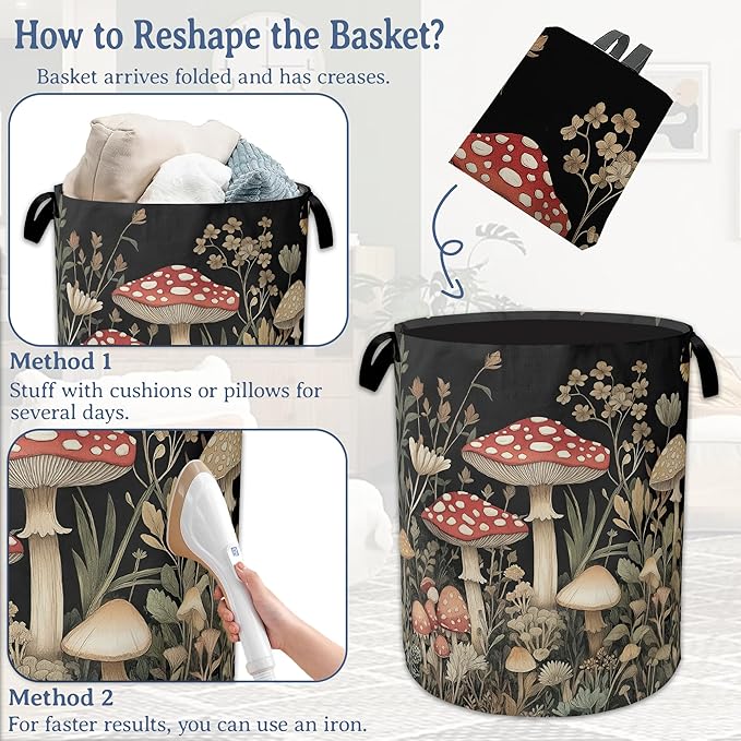 Red Mushrooms Laundry Basket,Foldable Waterproof Oxford Cloth Tote Bag Wildflower Plant Berries Laundry Hamper with Handles,20.8"x16" Clothes Storage Bucket Organizer for Laundry Room Bathroom Bedroom