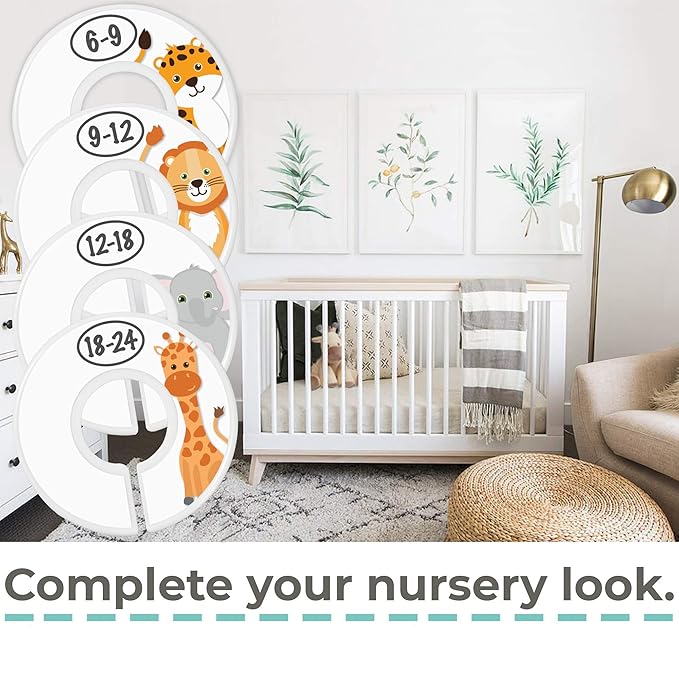 Baby Closet Size Dividers - 7X Safari Nursery Closet Dividers for Baby Clothes - Elephant Giraffe Zebra Lion Monkey Cheetah Nursery Decor - Baby Closet Dividers for Boy or Girl - [Safari] [White]
