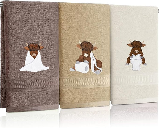 3 Pcs Highland Cow Hand Towels Embroidered Cow Farmhouse Decorative Bath Towels for Bathroom Kitchen Decor Country Farm Highland Holiday Housewarming Gifts, 100% Cotton, 13.3 x 29.5''