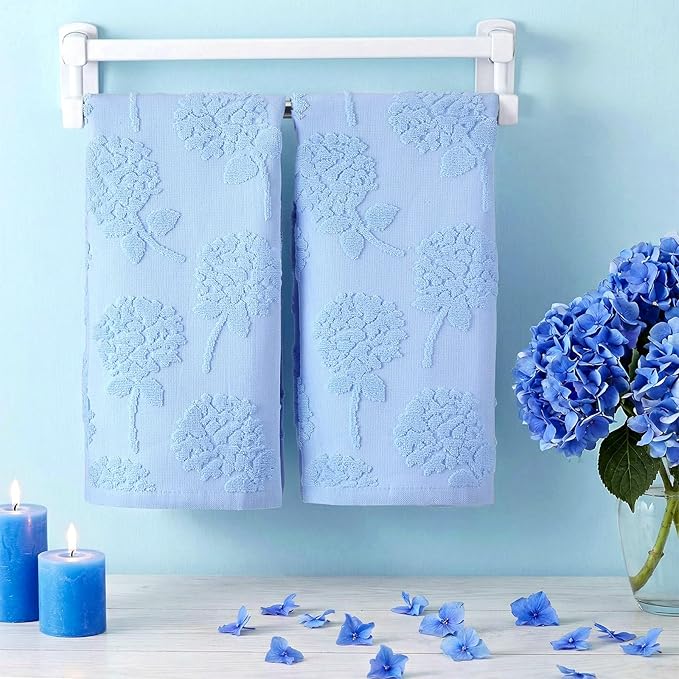 2 Pcs Blue Hydrangea Hand Towels for Bathroom Blue Hydrangea 100% Cotton Jacquard Weave Bath Towel Set Soft Absorbent Washcloth for Bathroom Kitchen Summer Theme Gifts 13.8 x 29.5 Inch