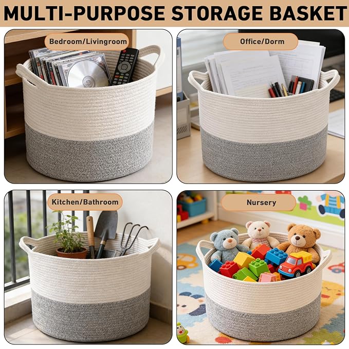 65L Large Blanket Basket,19.7" L x 19.7" W x 13" H Rope Woven Baskets with Handles, Toys Storage Bins,Laundry Basket Perfect for Living Room, Nursery,Bedroom,Home Organization,White&Grey