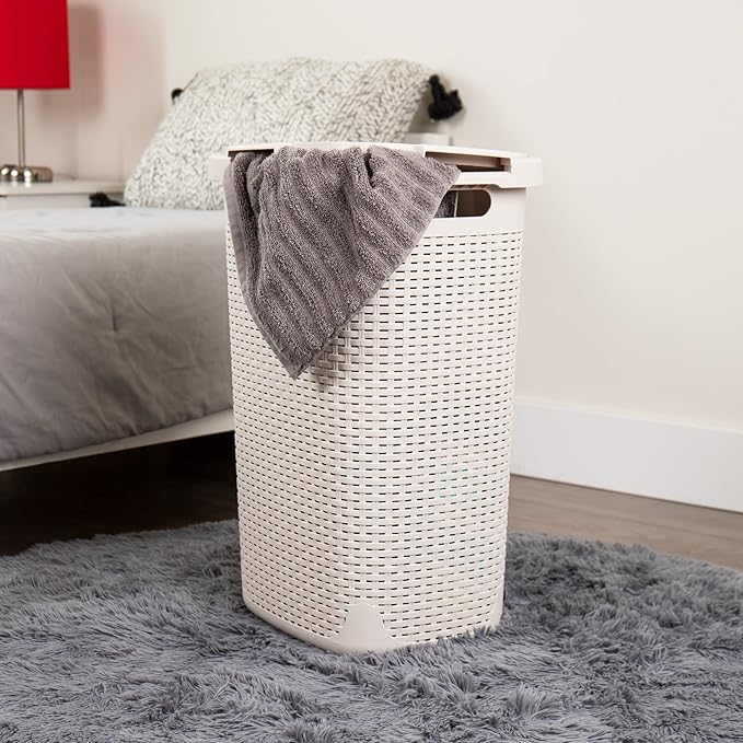 Mind Reader Slim Laundry Hamper with Lid, 60L Clothes Baskets, Premium Wicker Design, Plastic, 2-Pack, Ivory