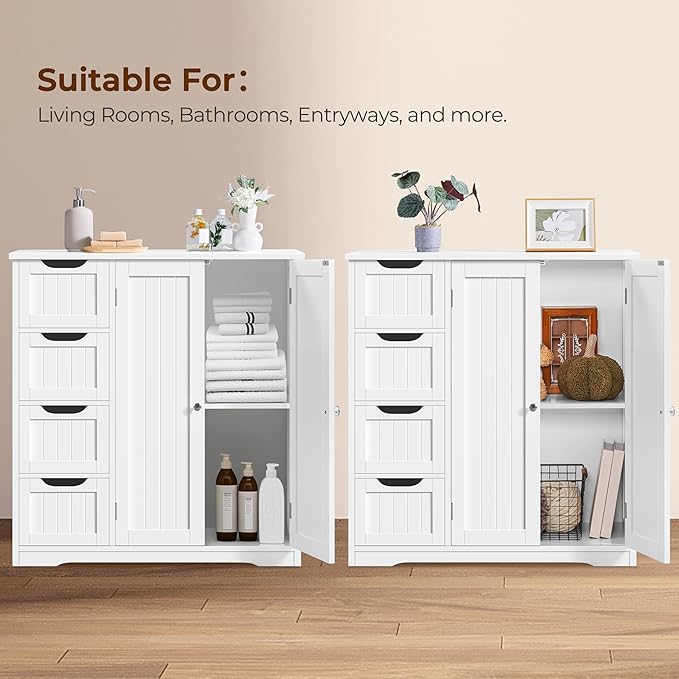 Yaheetech Wooden Bathroom Floor Cabinet, Side Storage Organizer Cabinet with 4 Drawers & Double Doors, Freestanding Entryway Storage Unit Console Table, Bathroom Furniture Home Decor, White