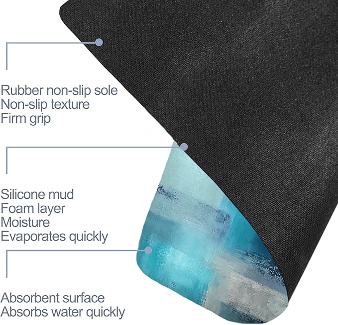 Abstract Blue Grey Bathroom Rugs, Non Slip Quick Dry Rustic Bath Mats for Bathroom, Super Absorbent Diatomaceous Bathmat for Home Kitchen Thin Floor Doormat 17 X 29.5 Inch