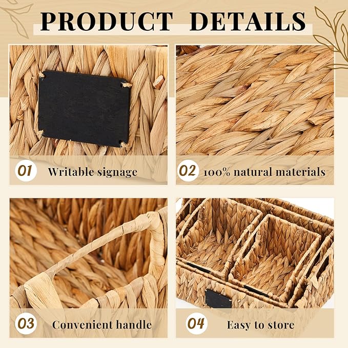 4 Pcs Hyacinth Storage Set Stackable Handwoven Wicker Baskets with Chalkboard Label Handles Woven Container Kitchen Large Small for Pantry Shelves Food Home Bathroom Decor