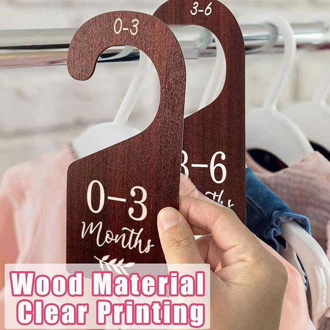 Baby Closet Dividers, Hanging Wooden Double-Sided Nursery Decor Closet Dividers for Baby Clothes, Baby Clothes Dividers for Newborn to 24 Months Size Clothes (Brown, 8pcs)