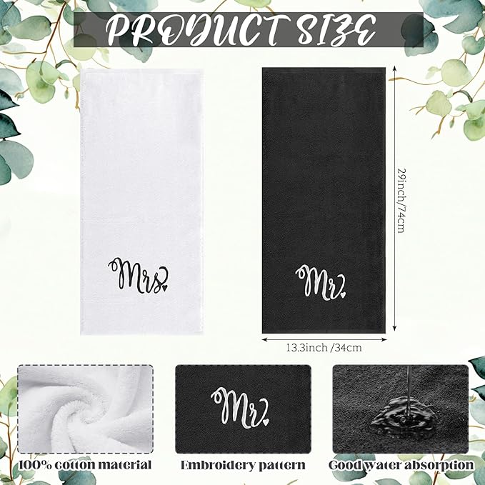 2 Pcs Mr. and Mrs. Hand Towels 100% Cotton Embroidered Bathroom Towel Wedding Mr. and Mrs. Gift for Valentine's Day Couple, Anniversary Bathroom Decor 29 x 13 Inch