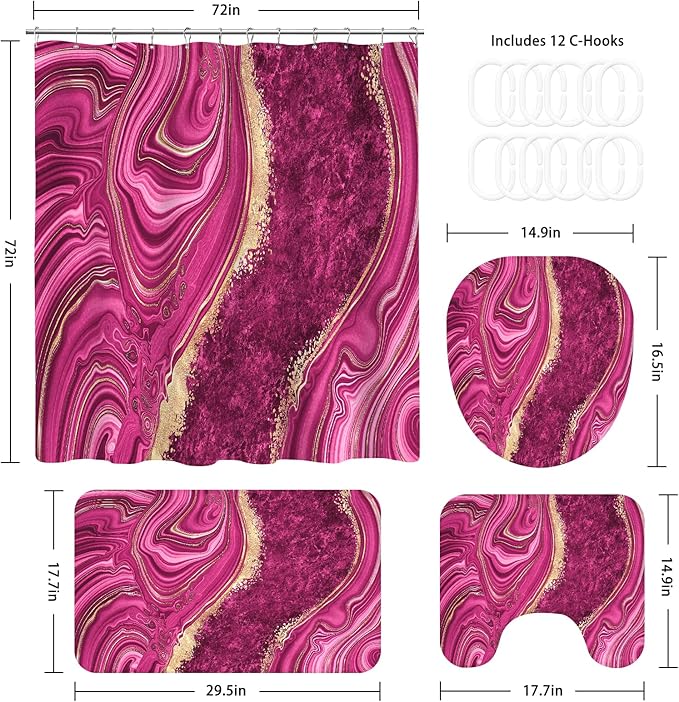 4PCS Pink Gold Marble Shower Curtain Sets with Rugs, Abstract Bathroom Sets with Shower Curtain and Rugs, Modern Bathroom Curtains Shower Set with Toilet Lid Cover Accessories