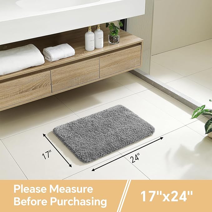 Gray Bathroom Rugs 17"x24" - High-Density Microfiber Bath Mat, Fluffy Non Slip Absorbent and Washable Bathroom Mat - Ideal for Small Spaces, Vanity, Toilet, or Pet Mat