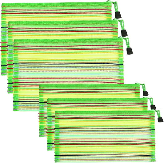Mesh Bags with Zipper (6 Pack), Nylon Makeup Bag Cosmetic Pouches Travel Organizer Case for Purse Diaper Bag Home Organizing Striped Multi Size Green