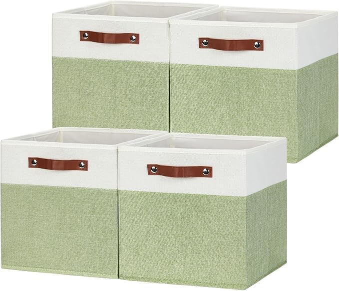 HNZIGE Fabric Storage Cubes for Shelves Set of 4,Storage Cubes Baskets 12 x12, Decorative Storage Bins Basket with Handles, Green Baskets for Organizing Home Nursery(Green White)