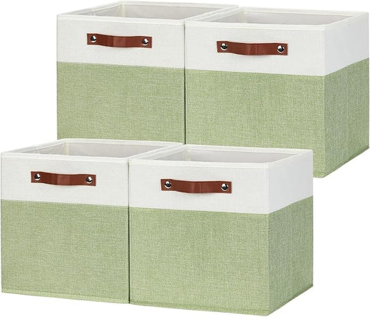 HNZIGE Fabric Storage Cubes for Shelves Set of 4,Storage Cubes Baskets 12 x12, Decorative Storage Bins Basket with Handles, Green Baskets for Organizing Home Nursery(Green White)