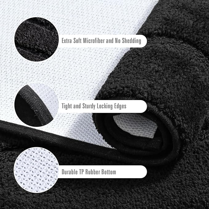 HOMORE Black Bathroom Rug 24x17 Inch Soft Absorbent Microfiber Small Bathroom Rugs, Washable Bath Rug Runner Non Slip Bath Rugs for Shower Tub