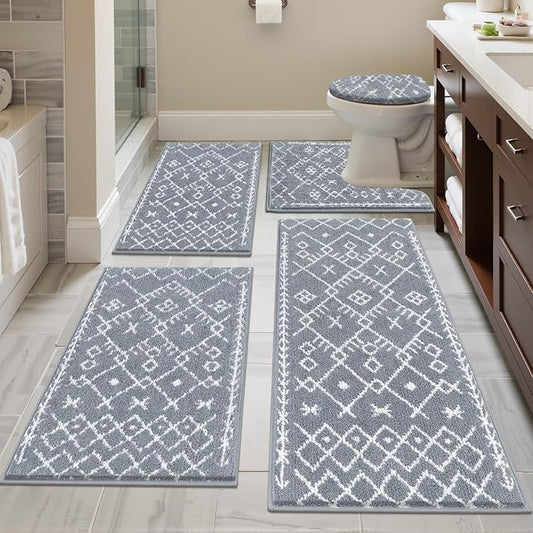 HEBE Bathroom Rugs Sets 5 Piece, Soft Absorbent Microfiber Bath Mat for Bathroom, Non Slip Washable Bath Rug Set with Toilet Cover, Bath Runner and U-Shaped Contour Toilet Rug, Light Grey