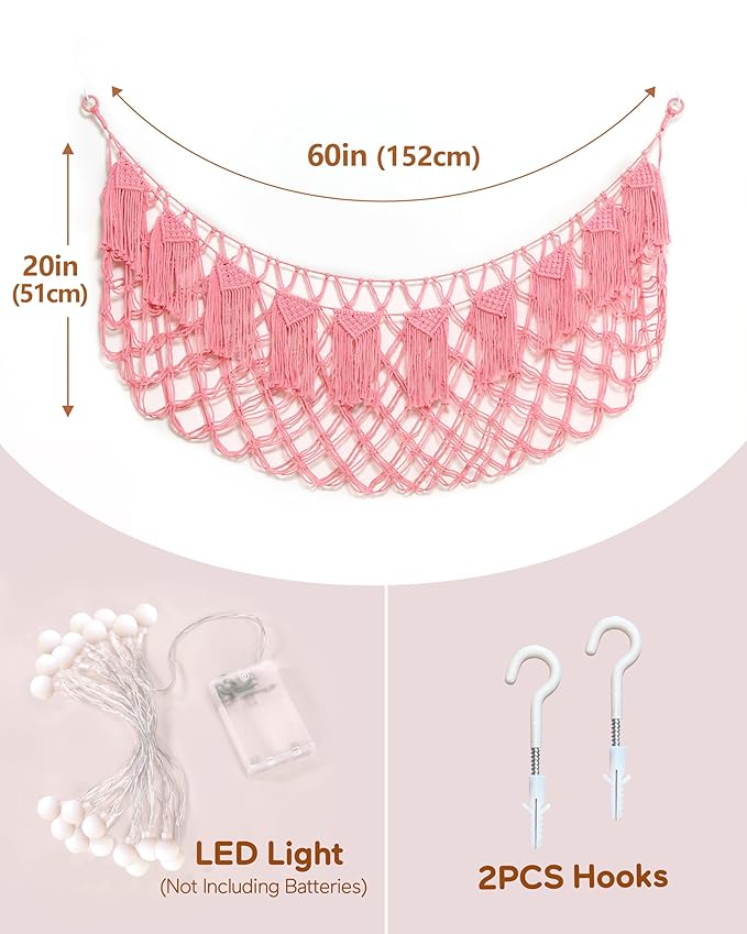 Stuffed Animal Storage Hammock or Net with Lights- Big Wall Hanging Stuff Animal Organizer Holder for Plush Plushie, Boho Macrame Toy Hammock for Girs Kids Bedrooms Playroom Nursery（Pink）