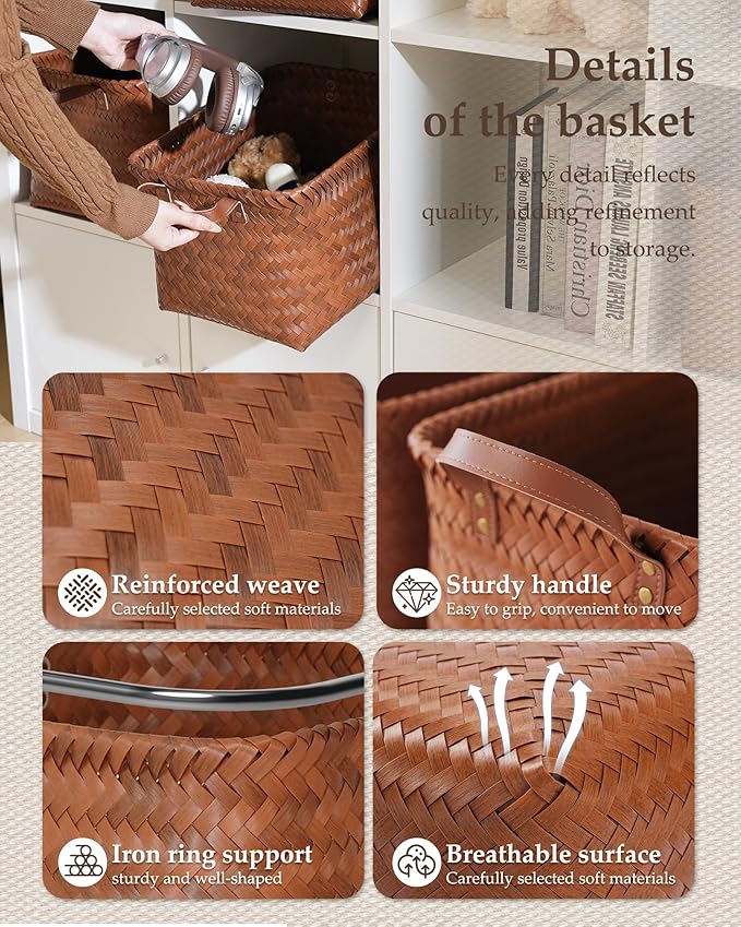 15x10x9 Woven Laundry Basket Hamper, Storage Basket for Clothes Blankets, 4-Pack Wicker Bin for Closet Shelves Bedroom Bathroom, Brown