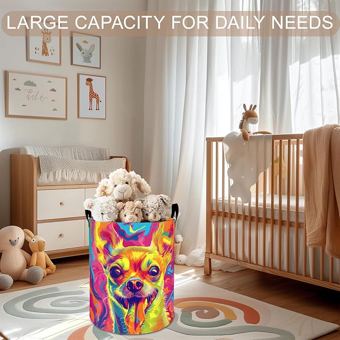 Chihuahua Laundry Basket Hamper 19.7"x15.8", Colorful Dog Foldable Waterproof Oxford Clothes Storage Bucket for Room Bathroom Bedroom Nursery Decor, Toy Organizer Bins Gifts for Kids Boys Girls