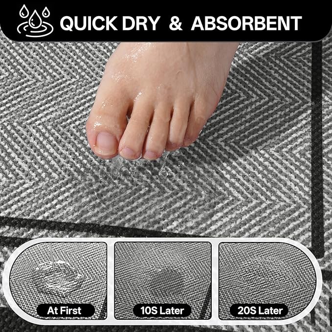 20"×31" Non Slip Bath Mat with Rubber Backing, Absorbent Quick Dry Bath Mats Washable, Low Pile Bathroom Rugs Fit Under Door for Bathroom Floor, Shower and Sink, Grey