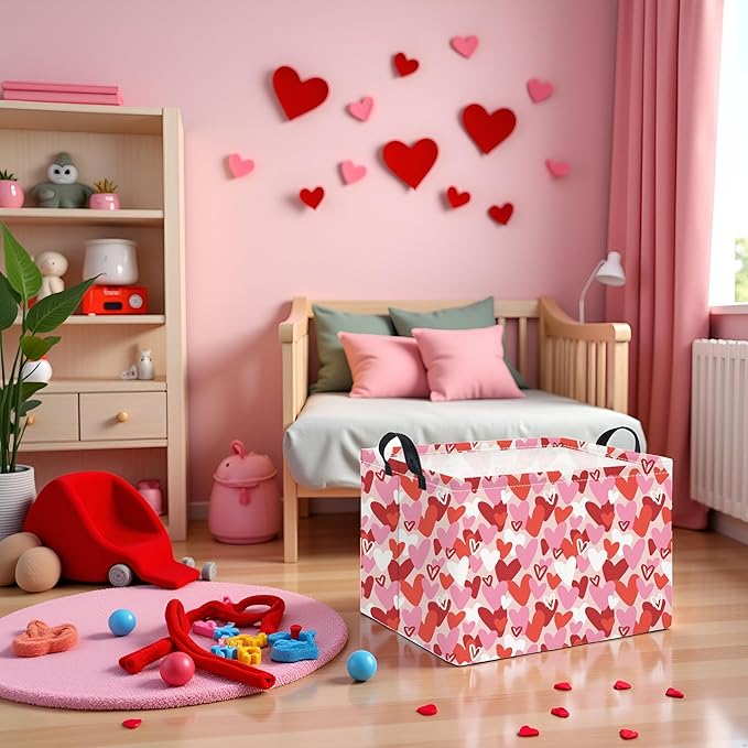 HIYAGON Rectangular Valentines Basket Baby Girl Storage Bin Pink Basket Organizer Box Heart Room Decor(Valentines Heart)