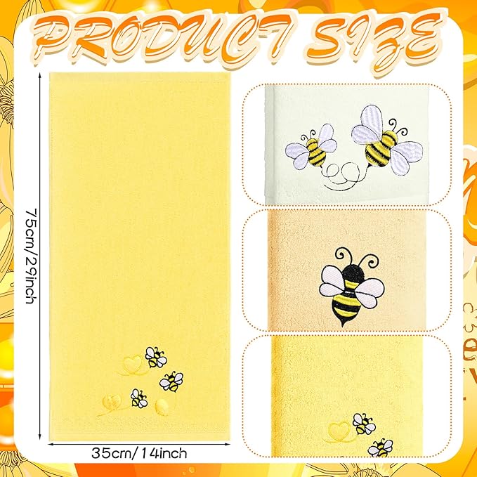 3 Pack Bee Towels 13.4 x 29.2 Inch Cotton Embroidered Summer Cute Bee Bathroom Towel Absorbent Dish Tea Towels for Kitchen Decor