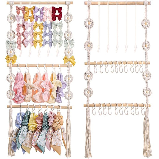 Headband Holder - Bow Holder for Baby Girl – Macrame Bow Organizer for Baby Girl w/Hooks, Slings & Wooden Bead – Space Saving Baby Bow Organizer for Expecting Moms