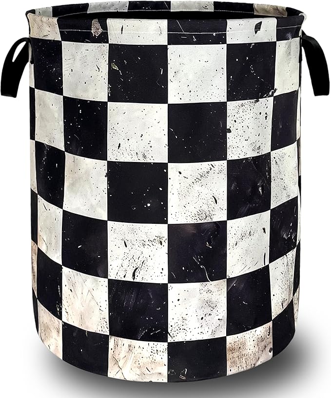 Funny White Checkered Laundry Basket Foldable Retro Black Squares Laundry Hamper With Handle Oxford Cloth Portable Clothes Storage Basket Laundry Bag 18.9"x16.5" For Laundry Room/Bedroom/Bathrooms