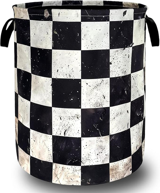 Funny White Checkered Laundry Basket Foldable Retro Black Squares Laundry Hamper With Handle Oxford Cloth Portable Clothes Storage Basket Laundry Bag 18.9"x16.5" For Laundry Room/Bedroom/Bathrooms