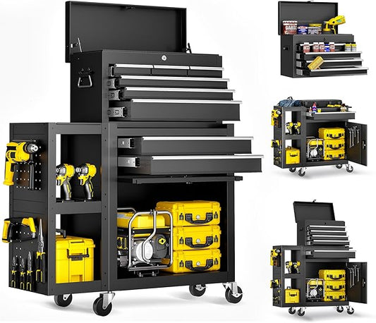 Metal Tool Chest, 8 Drawer Rolling Tool Chest with Wheels, Assembled Tool Storage Cabinet with Locking, Sliding Drawers & Detachable Top Tool Box, for Repair Room Warehouse Garage Workshop