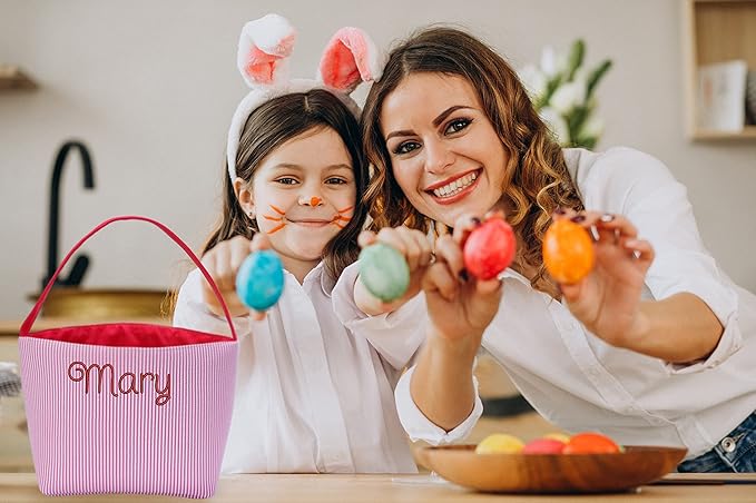 Custom Embroidered Easter Baskets - Personalized Seersucker Bunny Tote Bag for Kids, Boys & Girls - Perfect for Candy & Gifts