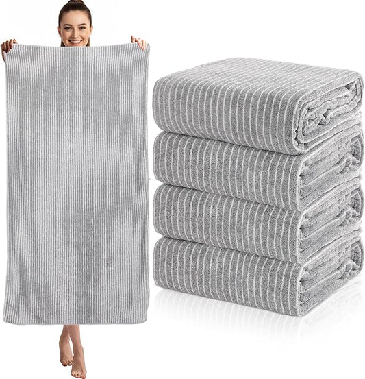 4 Pieces Extra Large Grey Striped Bath Towels Set 35 x 70 in Coral Fleece Oversized Bathroom Pool Towel Highly Absorbent Soft Quick Dry Shower Bath Sheets for Hotel Spa Pool