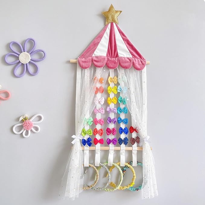 Hair Bows Organizer for Girls, Baby Headbands Hair Accessories Organizer Storage Wall Hanging Decor for Toddler Girls Room Gold Star Canopy Design, White Tulle Curtain Display(Pink)