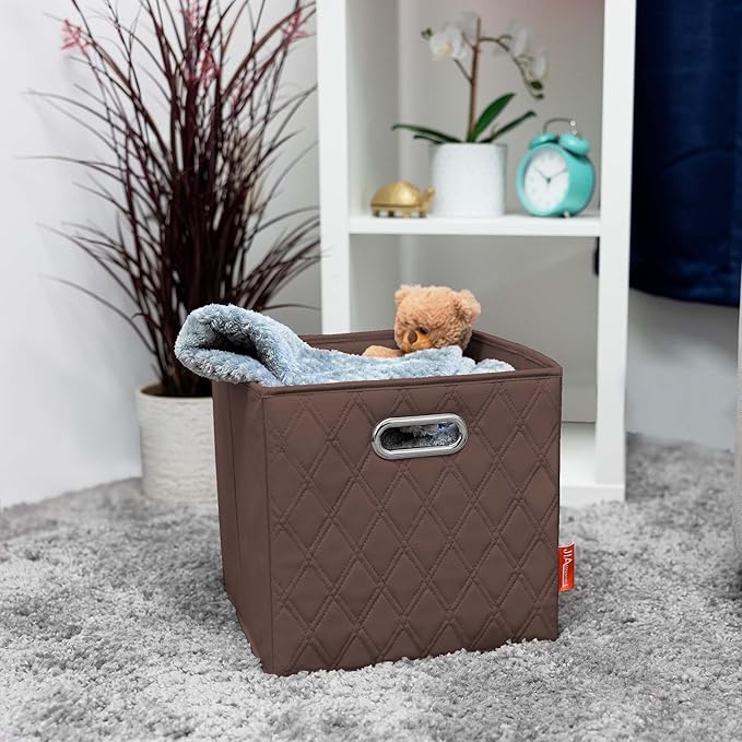 FH Group JIAessentials 11" Faux Leather Foldable Storage Cube Bins Set of 2 – Brown Diamond Patterned Organizers with Handles for Closet & Shelves