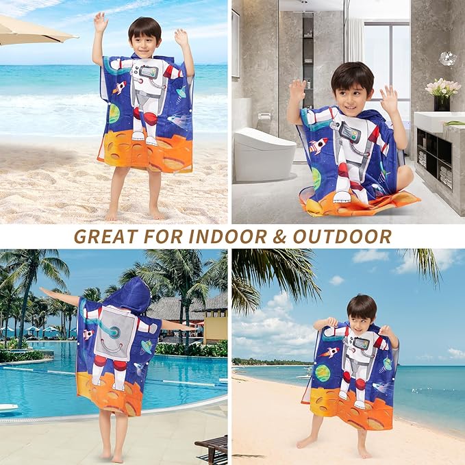 100% Cotton Hooded Towel for Toddlers 2-6 Years Boys Girls Kids Bath Pool Beach Towel Soft Absorbent Beach Poncho Little Astronaut