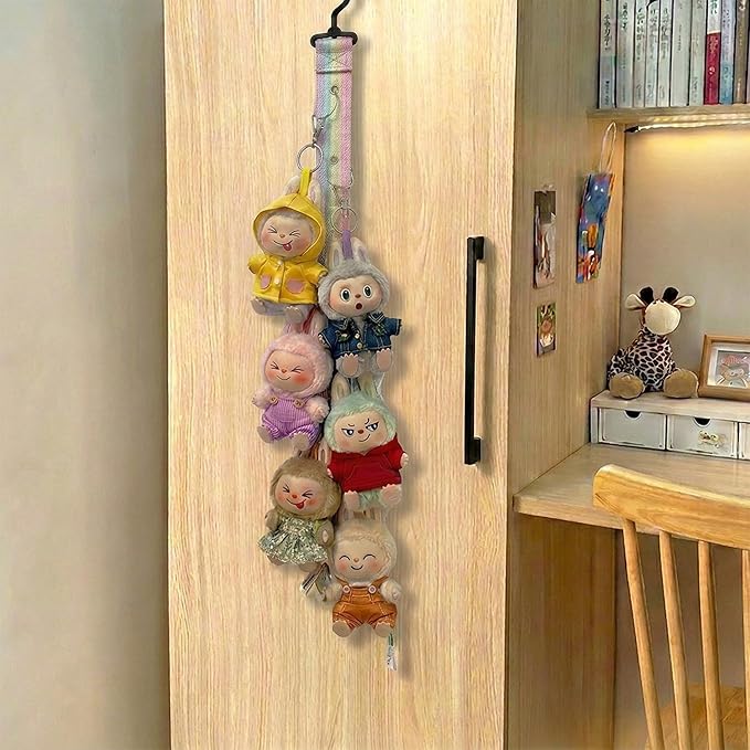 Plush Doll Hanging Storage Rope Display Rack with 8 Clips – Wall Hanging Organizer for Keychain Plushies, Mini Toys– Holds up to 3kg (Multicolor)