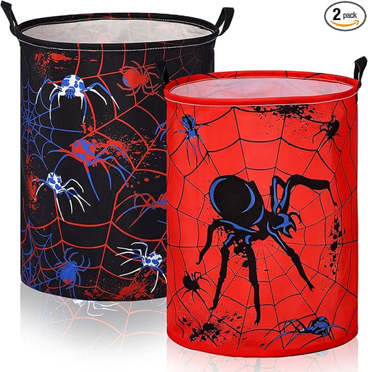 2 Pcs Spider Laundry Hamper Basket Spider Bedroom Decor Large 17.3 x 13.8 Inch Round Collapsible Toy Storage Organizer Basket with Waterproof Layer for Closet Playroom Nursery Toy Dirty Cloth