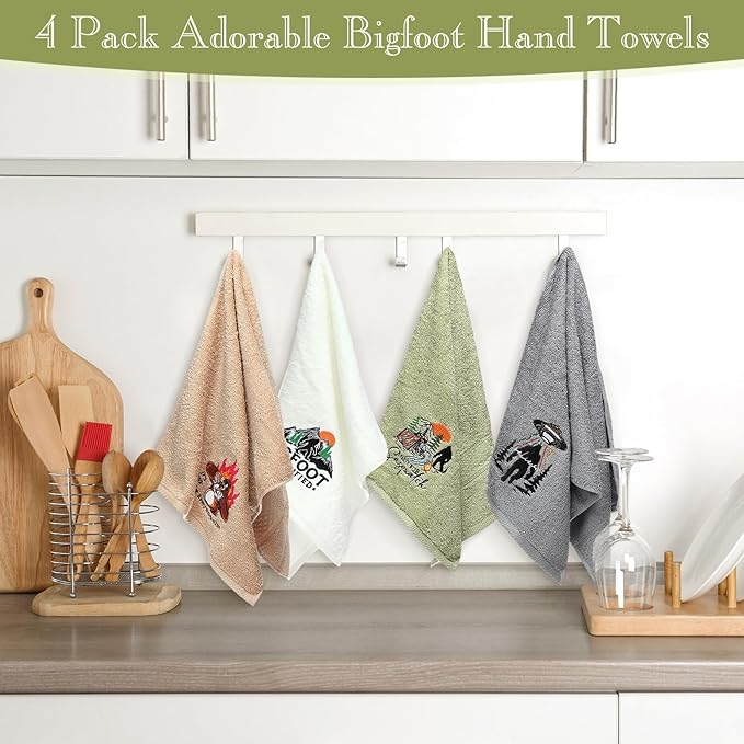 4 Pcs Bigfoot Bathroom Towels Sasquatch Hand Face Wash Towels 29" x 13" Cotton Funny Embroidered Farmhouse Decorative Bathroom for Kitchen Accessories Housewarming
