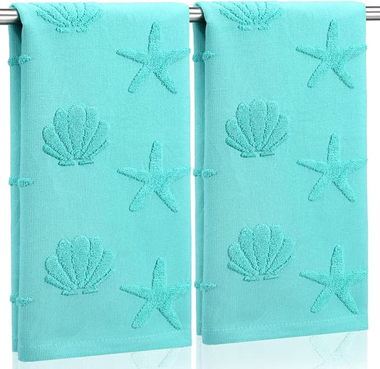 2 Pcs Coastal Hand Towels for Bathroom 100% Cotton Jacquard Weave Hand Towels Seashell Starfish Beach Soft Absorbent Washcloth for Spring Summer Kitchen Bathroom Home Decor, 29.5 x 13.8 Inch