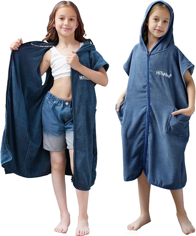 Hiturbo Kids Bath Towel Hoodie: Absorbent Quick Dry Zipper Surf Poncho - Changing Towels Swimming Outerwear (Navy Blue)
