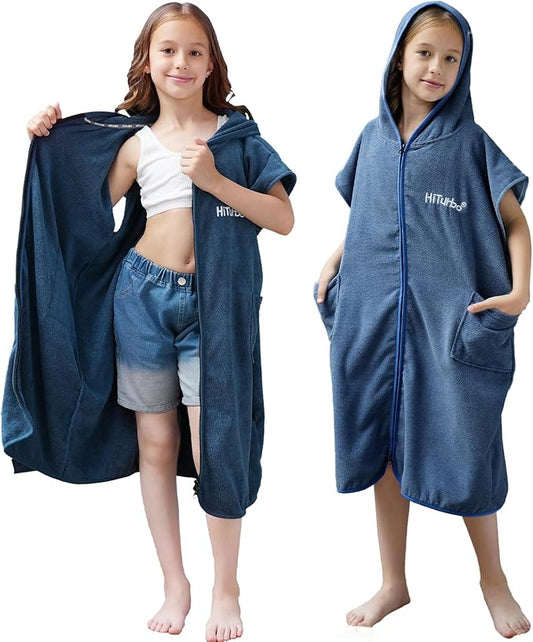 Hiturbo Kids Bath Towel Hoodie: Absorbent Quick Dry Zipper Surf Poncho - Changing Towels Swimming Outerwear (Navy Blue)