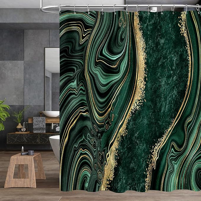 4PCS Emerald Green Marble Bathroom Set with Shower Curtain, Bath Mat, Toilet Lid Cover & U-Shaped Rug, Dark Green Shower Curtain Set for Bathroom