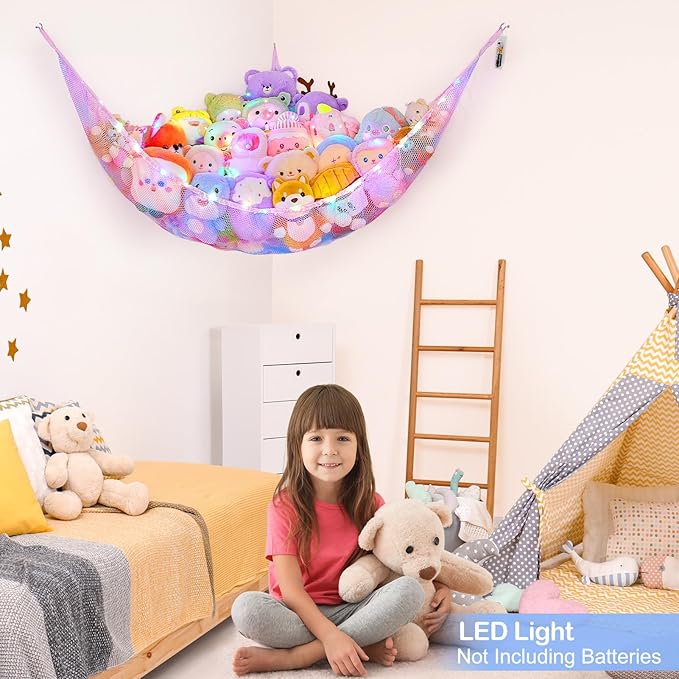 Basumee Stuffed Animals Net or Hammock with LED Light Hanging Toy Net Hammock for Stuffed Animals Storage Stuff Animals Hammocks for Nursery Room with Remote Control, 8 Kinds of Lights(Pack of 1)