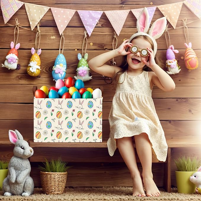 Large Cute Easter Basket for Kid Empty Gift Baby Rectangle Storage Bin Bunny Eggs Boy＆Girl Room Décor (Egg Rabbit Flower)