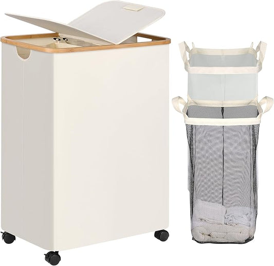efluky Double Laundry Hamper with Wheels, Divided Laundry Hamper with Removable Bags, 2 Section Dirty Clothes Basket with Handles for Bathroom, Bedroom & Laundry Room, 160L Beige