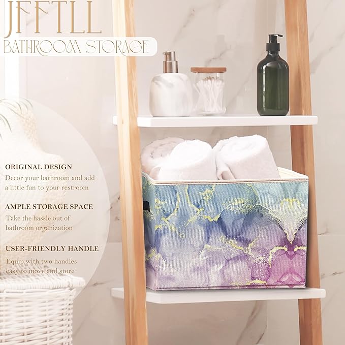 Blue Purple Marble Storage Bins with Handles, Abstract Modern Glitter Marble Texture Collapsible Laundry Basket Storage Box for Home Bedroom Bathroom Clothes Toys Books
