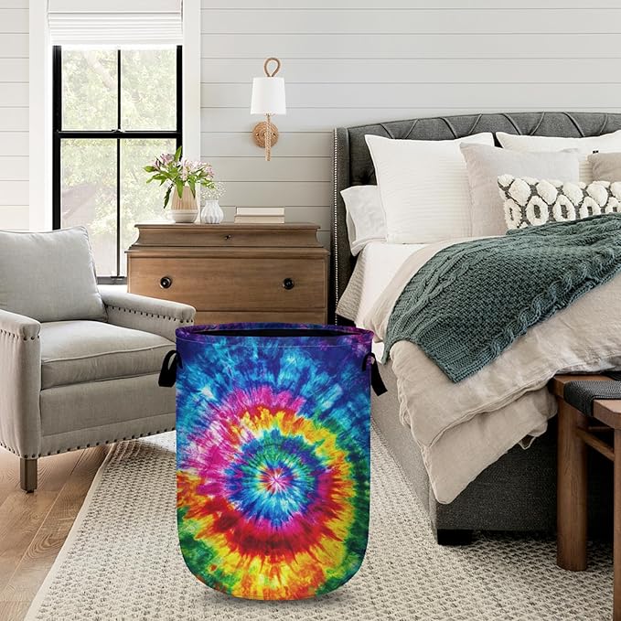 Colorful Tie Dye Laundry Basket with Sturdy Handles, Collapsible Oxford Cloth Laundry Hamper Organizer Basket for Bathroom Bedroom 15.7x20 Inch