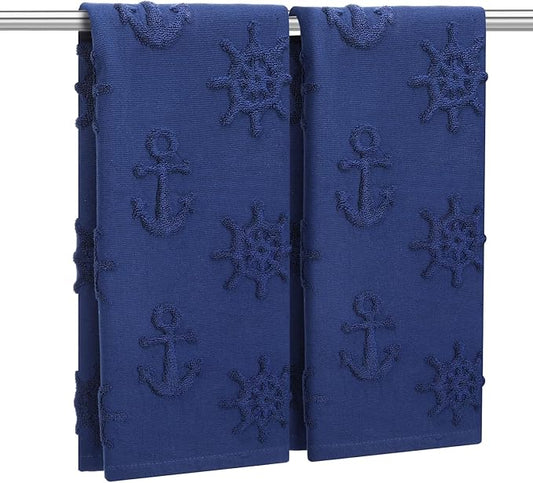 2 Pcs Coastal Hand Towels for Bathroom 100% Cotton Nautical Anchor Wheel Navy Blue Jacquard Weave Towels Absorbent Soft Dish Washcloth for Bathroom Kitchen Summer Theme Gifts, 29.5 x 13.8 Inch