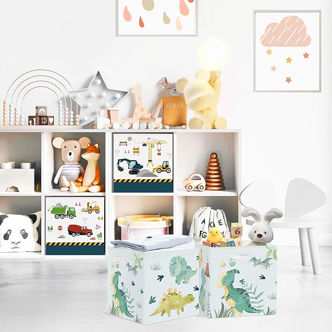 Clastyle 3 pcs Dinosaur Cube Storage Unit Boxes Volcano Kallax Box for Shelves Parents Storage Baskets for Book Clothes Toy Organizer, Volcanoes, 11.8x11.8x11.8 in